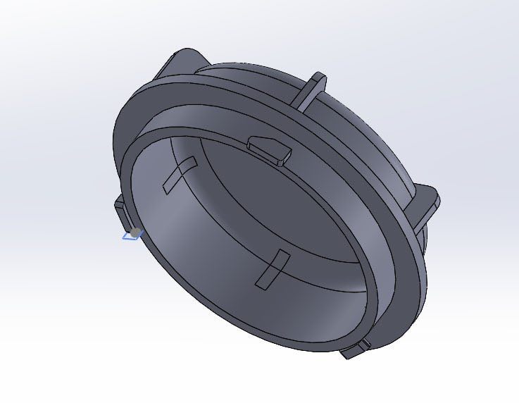 Gray SolidWorks CAD model of a precision mechanical part