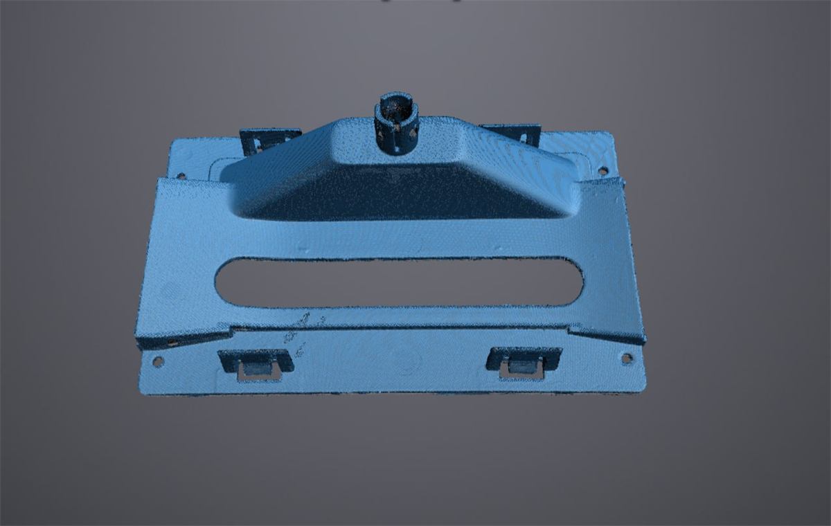 Blue 3D scan model of a mechanical housing part