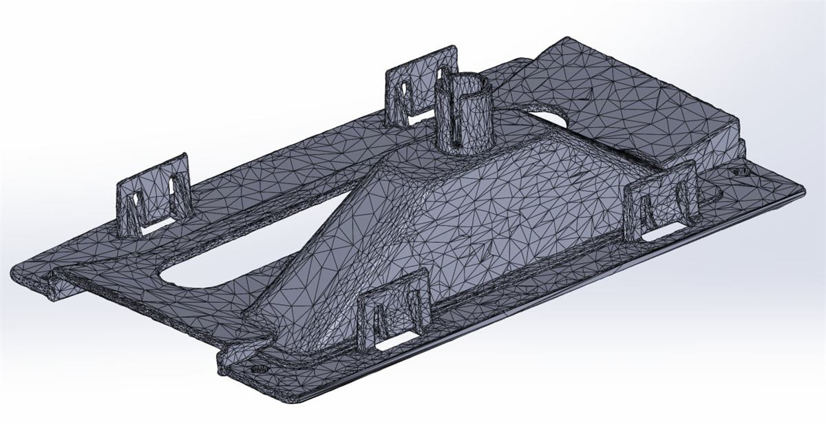 Dense mesh scan of a mechanical bracket with locking tabs