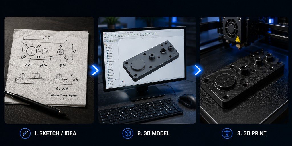 From idea to real parts: 1 sketch, 2 3D model, 3 3D print
